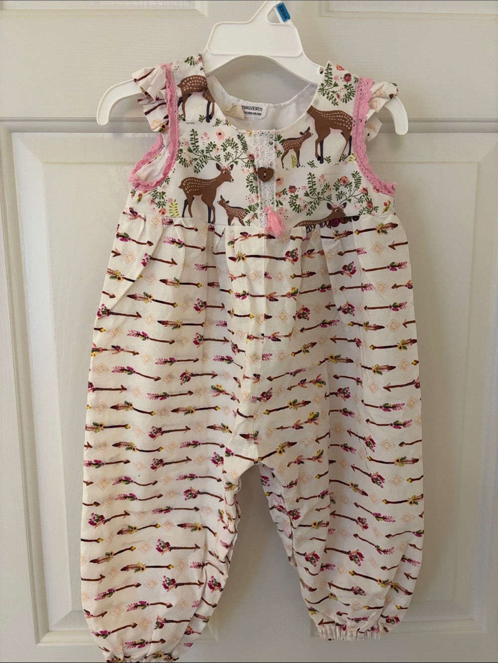Crafting Venus: Girls Cream Romper with Pink Trim & Deer Print